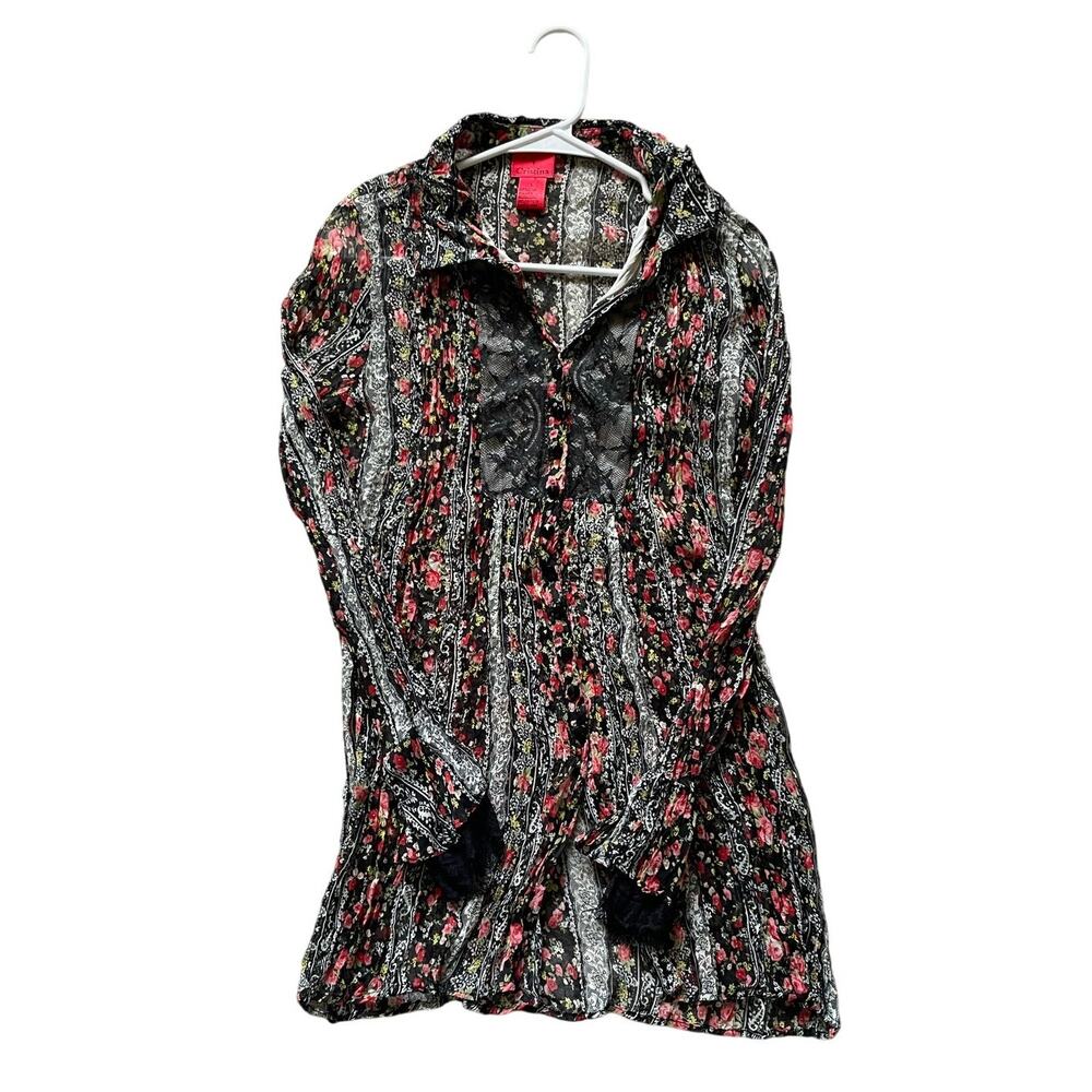 Vintage Sheer Black Lace Floral Pleated Shirt Large Fairygoth Dark Feminine Goth